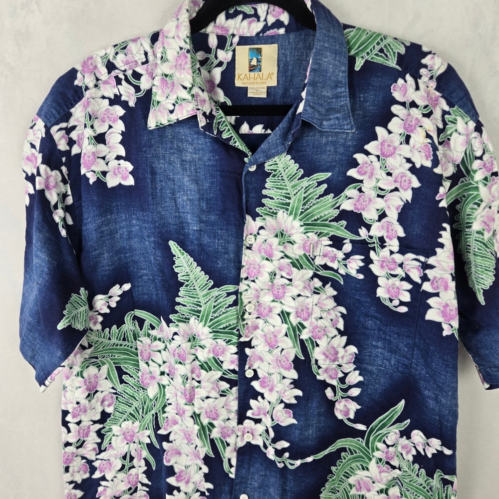 Kahala Mens Floral Orchid Hawaiian Shirt Blue Cotton Handcrafted Hawaii L USA